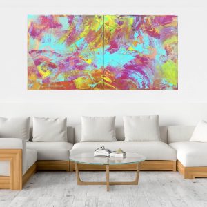 diptych abstract artwork, large colorful abstract, turquise blue and golden painting