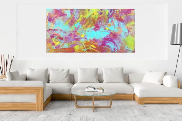 diptych abstract artwork, large colorful abstract, turquise blue and golden painting