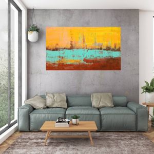 copper and orange painting, turquoise blue painting, sunset, lake, large abstract landscape