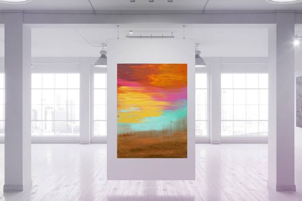 golden and copper panting, large abstract painting, turquoise blue, sunset