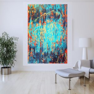 colorful abstract painting, turquoise blue painting, blue and golden abstract, waterfall, blue and red painting
