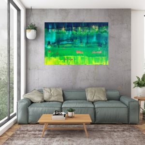 green painting, green and yellow painting, large green abstract