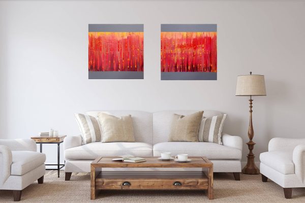 diptych abstract, red painting, fire, heart, large red painting, purple abstract