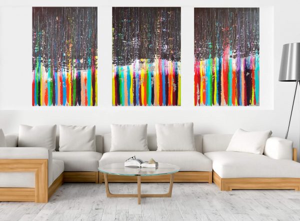 extra large abstract, colorful modern art, black and white painting, anthracite black, triptych abstract