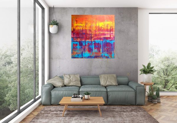 orange, blue, sunset, large abstract, colorful art