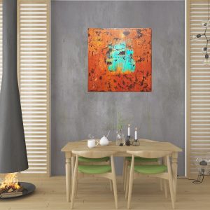 jesenný obraz, les, ručne maľovaný abstrakt, tyrkysový obraz