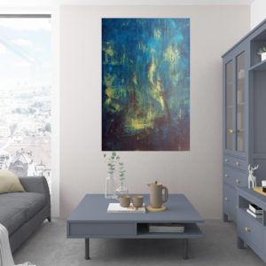 golde and blue painting, petrol blue painting, golden painting, space, stars