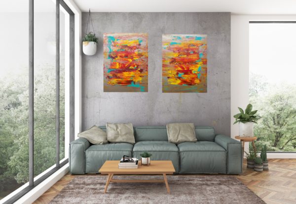 sunset, diptych abstract, large abstract, colorful painting, original painting