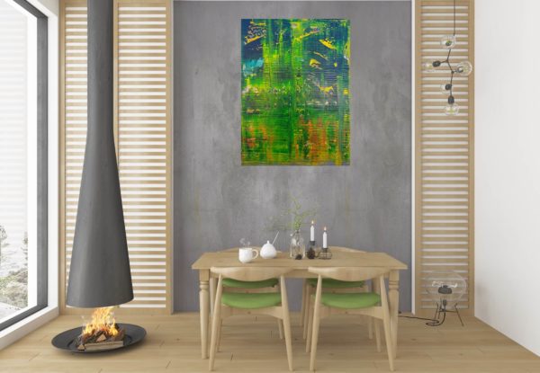 green painting, green abstract painting, forest, trees, summer landcape green and yellow