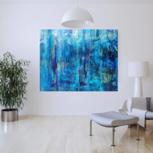 waterfall painting, large blue painting, golden and blue abstract