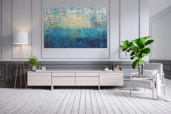 blue painting, large blue abstract, sunset, lake painting, seascape painting, famous artist
