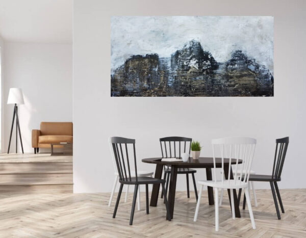 black and white painting, silver painting, mountains, abstract landsccape